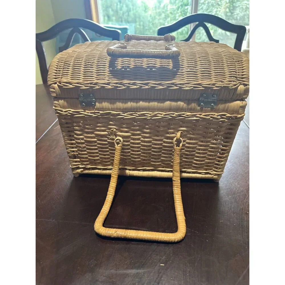 Vintage Woven Wicker Picnic Basket Large Domed Lid Storage Box Double Handles